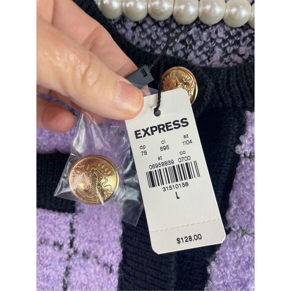 New Express Plaid Sweater Jacket Lavender Black with Gold Buttons - Picture 5 of 10
